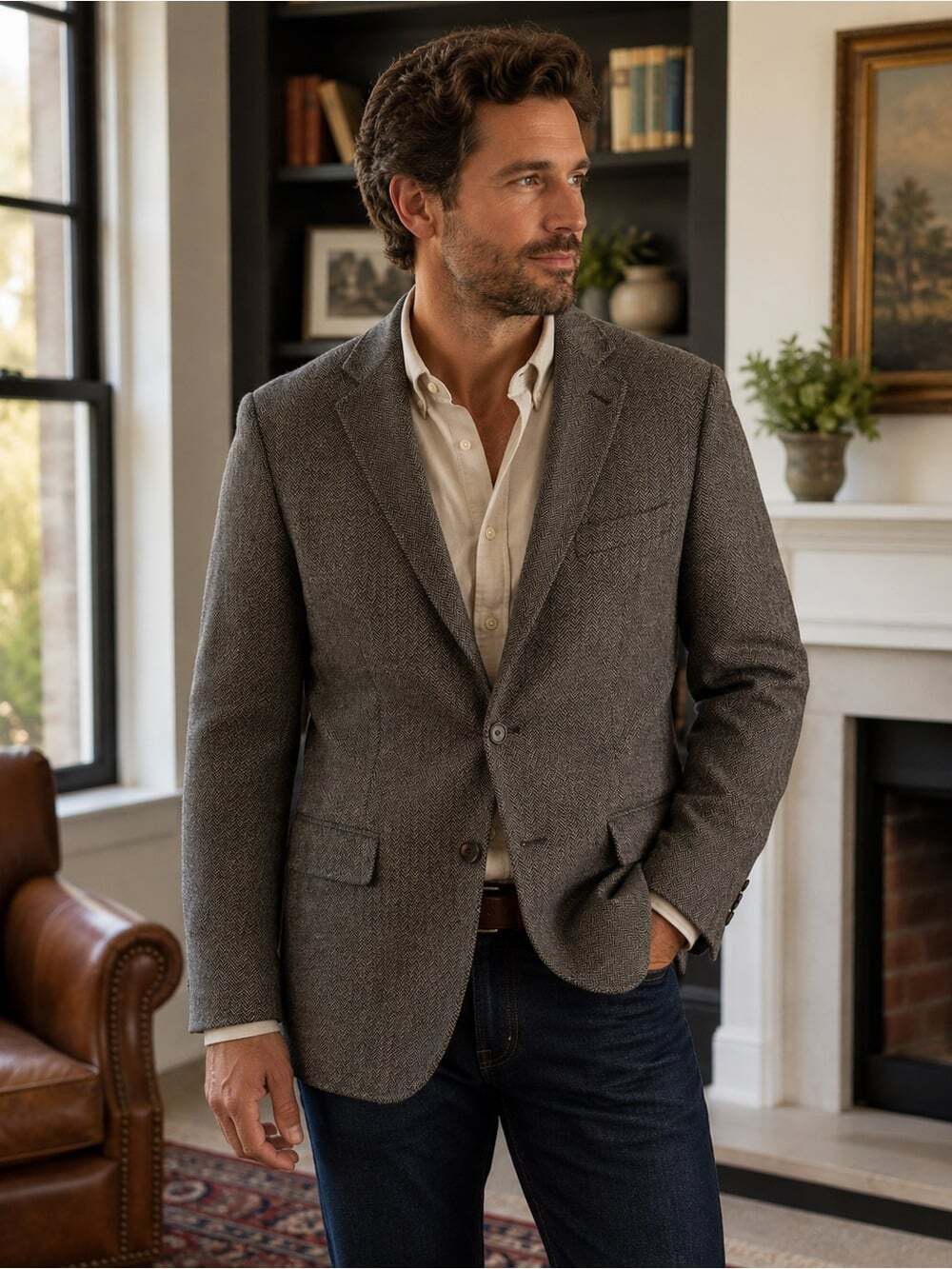Altitude Men’s Herringbone Wool Blend Blazer – Size 44 – Brown Grey – Heritage /